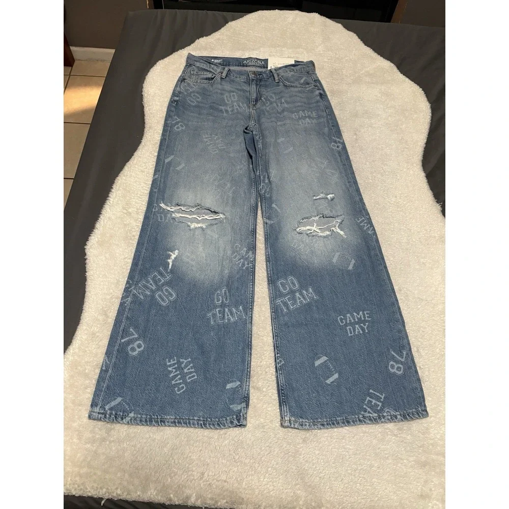 Arizona Jean Co Low Rise Baggy Game Day Ripped Denim Jeans Size 4‎ Wide Leg